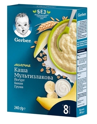Каша молочная Gerber мультизлаковая с йогуртом, бананом и грушей для детей с 8 месяцев, 240 г